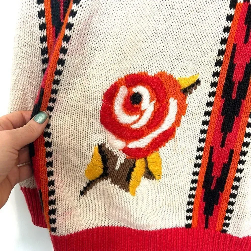 Emminent Womens Folk Art Embroidered vintage Crewneck Sweater Southwesterb Large